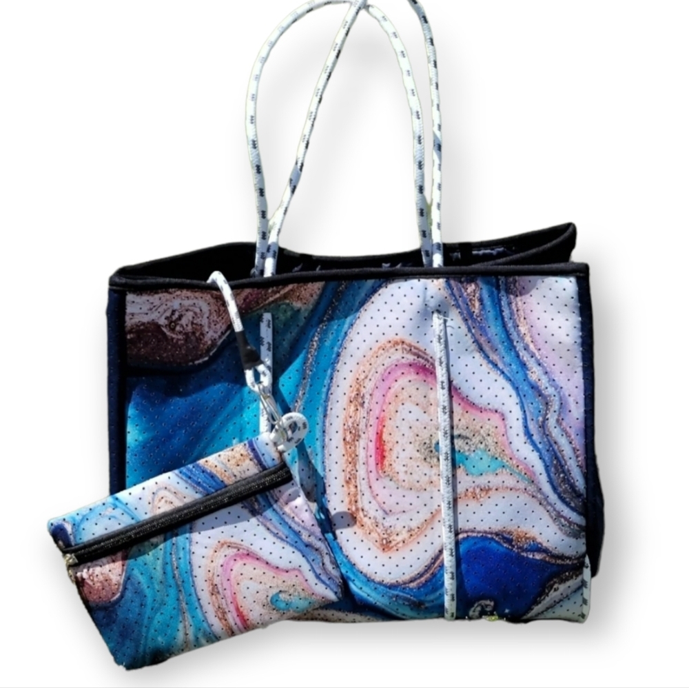 Neoprene Ocean Marble Tote Bag with Wristlet